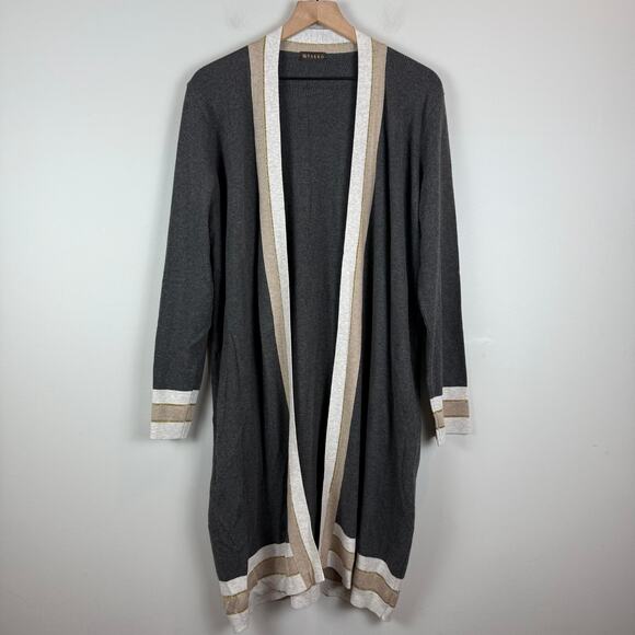 Vakko Cardigan Women Large Gray Knit Trim Long Sleeve Open Front Duster Topper - Picture 1 of 8